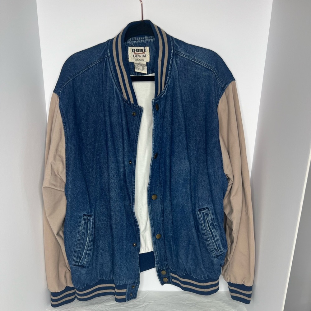 Duke Ultimate Denim Men’s XX Varsity Jacket Blue Tan Snap Front Retro Bomber